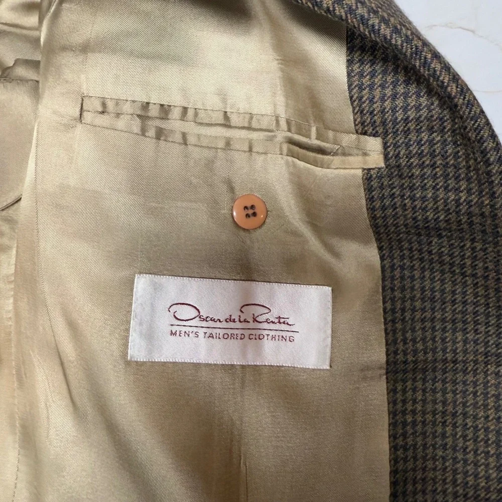 Oscar de la Renta‎ Men's Houndstooth Blazer Sport Coat Size 42L Brown Tan Formal